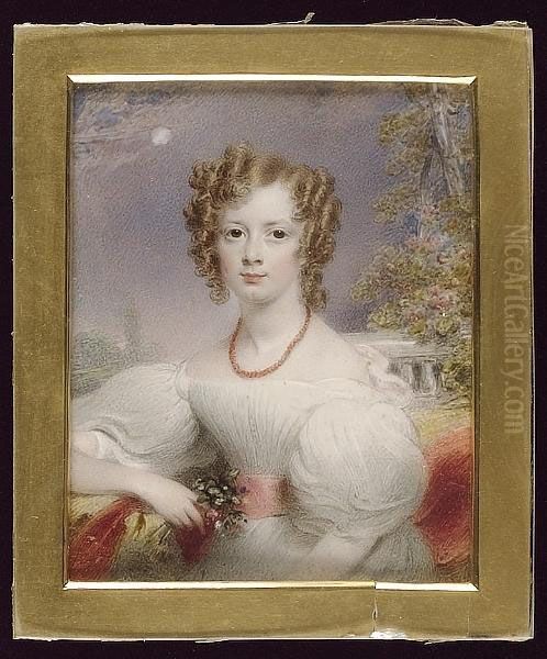 A Young Lady, Wearing White Dress With Large Puff Sleeves And Pink Waistband, Coral Necklace, A Bunch Of Flowers In Her Hand, Garden With Balustrade In The Background - view 1