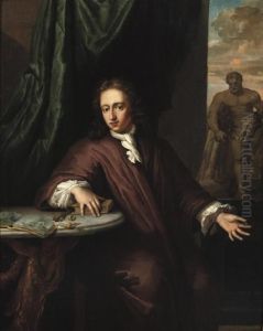 Portrait Of A Goldsmith, Three-quarter-length, Seated By A Table On A Draped Terrace, In A Brown