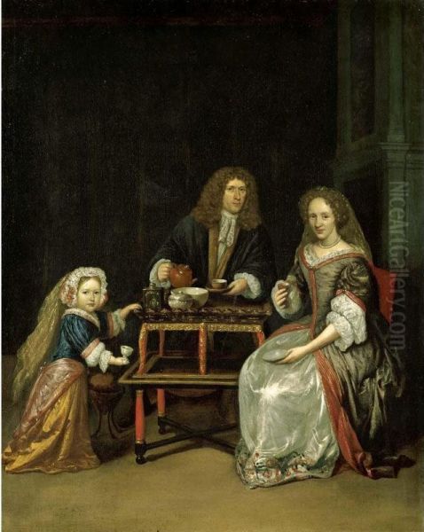 A Family Drinking Tea In An Elegant Interior With A Japanese Lacquer Tea Table - view 1