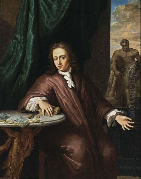 A Portrait Of A Young Goldsmith, Seated Three-quarter Length, Wearing A Brown Overcoat With A White Chemise, With Goldsmith's Attributes On The Table On The Left And An Antique Statue Of The 'hercules Farnese' In The Background - view 1