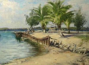 Beach Scene With Palm Trees And Boat