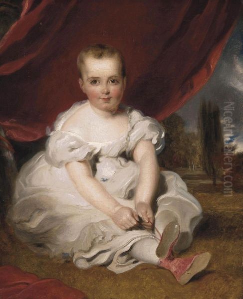 Portrait Of A Young Girl, Full-length, In A White Dress And Rose Shoes, Seated Before A Curtain, A Garden Beyond - view 1