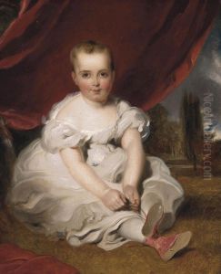Portrait Of A Young Girl, Full-length, In A White Dress And Rose Shoes, Seated Before A Curtain, A Garden Beyond