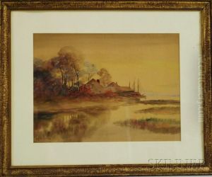 Coastal View With Houses And Three-masted Ship by Louis Kinney Harlow