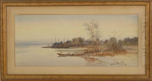 Panoramic Coastal Landscape With Moored Vessel In A Cove by Louis Kinney Harlow