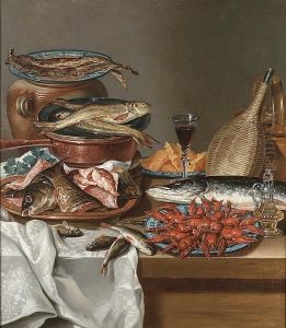 A Still Life Of A Plate Of Herrings On An Urn, Trout On A Copper Saucepan, A Dish Of Filleted Fish, A Bottle And A Glass Of Wine, A Salmon, Baby Lobsters On A Plate And A Bottle Of Olive Oil On A Table Draped With A White Cloth by Anton Friedrich Harms