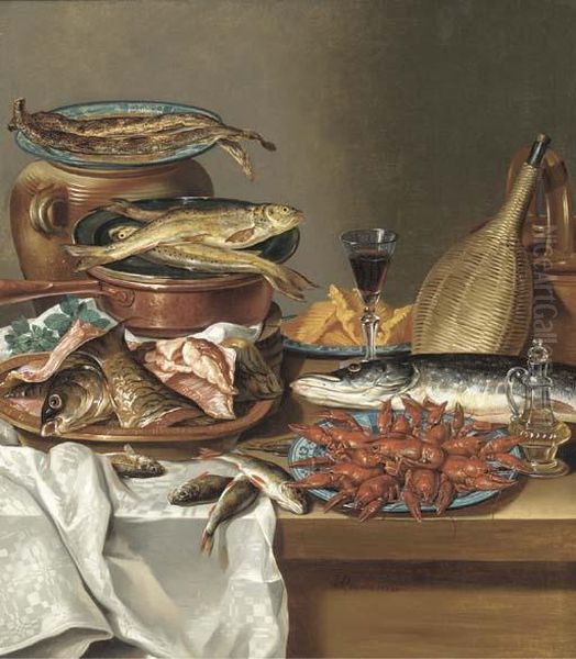A Plate Of Herring On An Urn, A Plate Of Trout On A Copper Saucepan, A Dish Of Filleted Fish, A Bottle And A Glass Of Wine, A Salmon, A Plate Of Baby Lobsters And A Bottle Of Olive Oil On A Draped Table - view 1