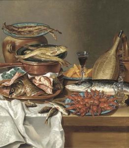 A Plate Of Herring On An Urn, A Plate Of Trout On A Copper Saucepan, A Dish Of Filleted Fish, A Bottle And A Glass Of Wine, A Salmon, A Plate Of Baby Lobsters And A Bottle Of Olive Oil On A Draped Table by Anton Friedrich Harms