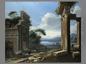 Tiefe Landschaft Mit Architektur Und Reitern by Johann Oswald Harms
