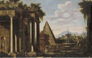 A Capriccio Of Classical Ruins With Figures Around A Fountain