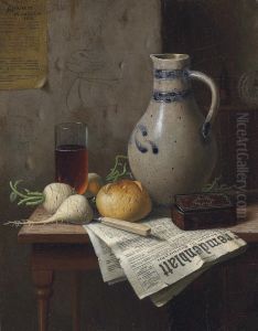 Still Life With Jug And Newspaper by William Michael Harnett