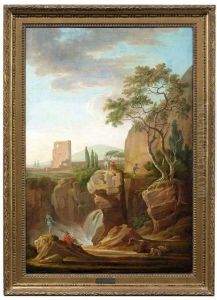 Figuren An Einem Wasserfall Mit Ausblick Auf Hugelige Campagnalandschaft Mit Romischen Ruinen