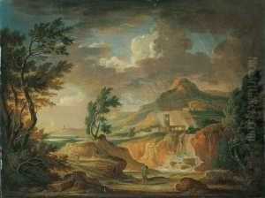 Der Windstoss. Arkadische Flusslandschaft Mit Einem Wasserfall.
