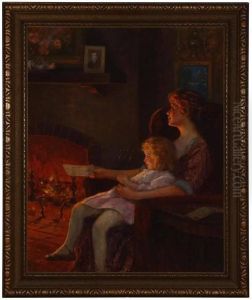 Mother And Daughter Sitting Before A Fire by Frank Robert Harper