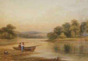 River Landscape With Figures By Rowing Boat In Foreground by Thomas Harper