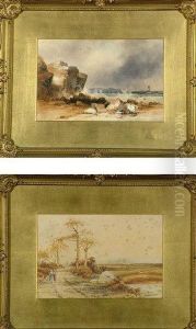 A Stormy Scene On The North East Coast; And A Landscape With Figures On A Tree-lined Road by Thomas Harper