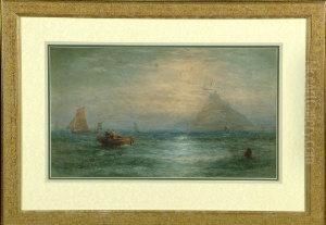 Fishing Vessels Off A Castle At Sunrise. by Thomas Harper