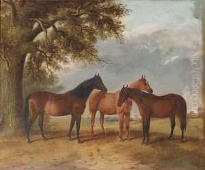Rose, Comus Mare And Lady Fanny, A Portrait Of Two Bays And Achestnut In An Extensive Landscape by R. Harrington