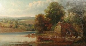 Cattle On Theriver Beside A Watermill by George Harris