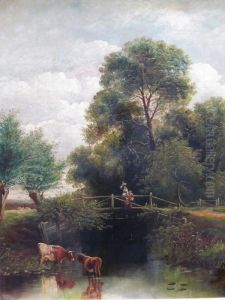 Harris Figures And Cattleby A Country Stream by Henry Harris