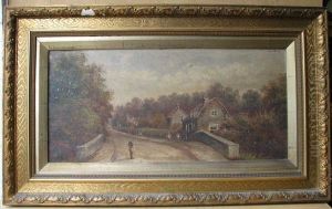 Oil On Canvas Depicting Figures On Bridge Of Roadway
