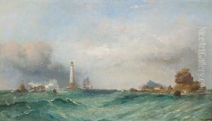Lighthouse Off A Rocky Island With Shippingvisible In Distance