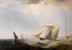 A Topsail Schooner Off Swansea, With A Small Trader Emerging From The Harbour Entrance by James Harris of Swansea