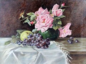Roses And Grapes On A Table by Violet Harris