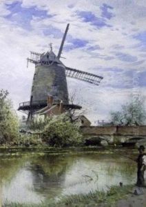 Angler On A Riverbank With Mill Beyond by Charles Harmony Harrison