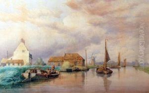 Extensive Broadland Landscape With Wherries And Figures by Charles Harmony Harrison