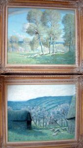 Pair Of Oils On Canvas Sheep Grazing Beneath Apple And Beech Trees Signed 25 X 31in