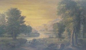 American Landscape
With Sheep And Cattle By A River, Mountains In The Distance by Mark Robert Harrison