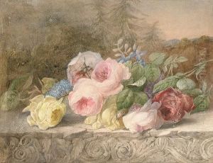 A Still Life Of Roses On A Ledge Carved With Classical Reliefs, A Landscape Beyond
