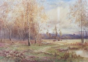 Figure And Cattle In A Wooded Landscape by J. Lawrence Hart