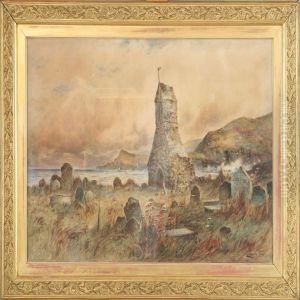 Coastal Scenery With Remains Of A Church. Signed J. Laurence Hart 1896. Watercolour, Mounted On Canvas. 75 X 117 Cm