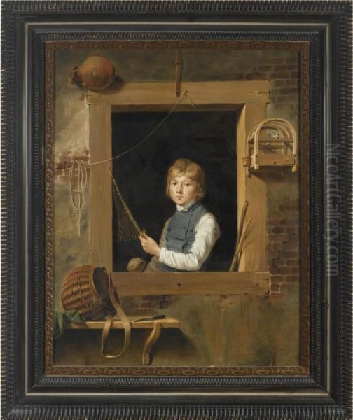 A Boy In A Window With A Caged Songbird And Fishing Equipment - view 1