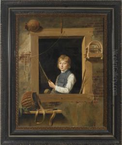 A Boy In A Window With A Caged Songbird And Fishing Equipment by James Turpin Hart