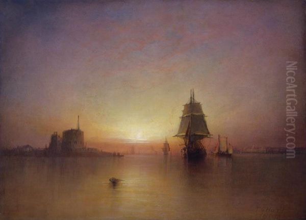 Shipping At Sunset Off A Coastal Fort - view 1