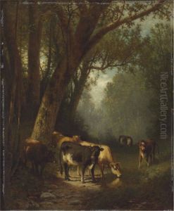 Cows Grazing In The Forest Clearing by William M. Hart