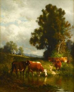 Cattle Watering At Sunset by William M. Hart