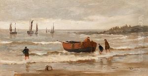 Rowing Boat And Figures On A Shore by William Howard Hart