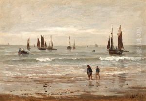 Beach Scene With Figures And Boats by William Howard Hart