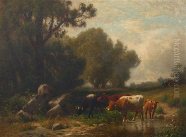 Summer Landscape With Stream And Cattle - view 1