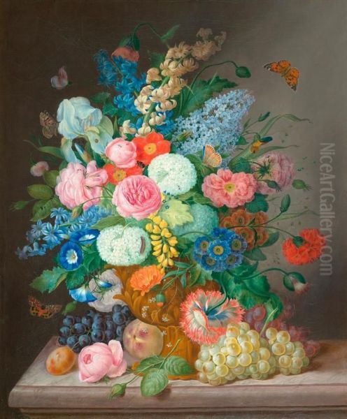 Floral Still Life With Grapes And Peach. - view 1