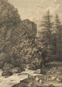 Berger Et Son Troupeau Au Pied D'un Torrent A Brienne by Johann Joseph Hartmann