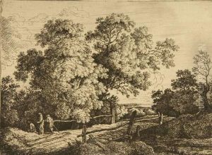 2 Bll.: Wanderer An Einer Holzbrucke - Landschaft Mit Felsen Am Bach. by Johann Joseph Hartmann
