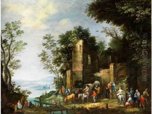 Landschaft Mit Burgruine Unter Baumenund Reicher Figurenstaffage