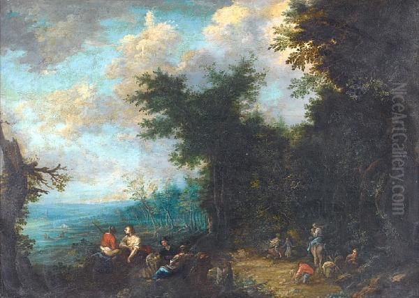Travellers In An Extensive Wooded River Landscape - view 1