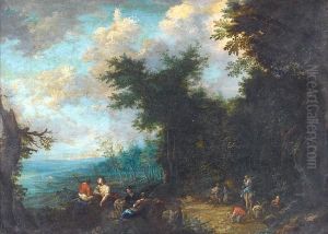 Travellers In An Extensive Wooded River Landscape by Johannes Jacob Hartmann