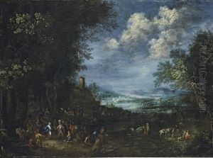 An Extensive, Wooded River Landscape, With David And Abigail by Johannes Jacob Hartmann